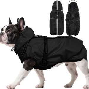 Dog Raincoat for Medium Dogs, Dog Rain Jacket with Adjustable Built-in Harness & Back Zipper, Reflective Strip, Removable Hood, for Rainy Walks, Muddy Roads or After-Bath Outings - Black M