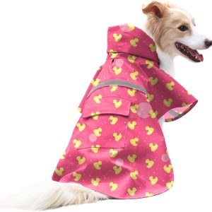 Large Dog Raincoat- Waterproof Dog Rain Poncho Adjustable Double Layer Rain Jacket with Hood for Medium Large Dogs Designed with Leash Hole Reflective Strip and Ducks (Pink Duck, Medium)