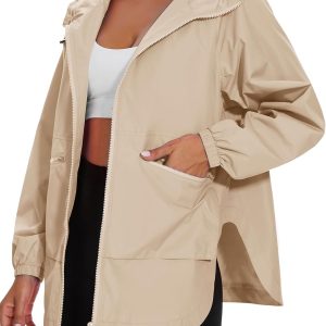 Women's Waterproof  Lightweight Rain Jacket Trench Coat Hooded Windbreaker With Pockets for Outdoor