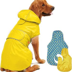 Dog Raincoat Reversible, Single Side Slicker Poncho Adjustable Waterproof Dog Rain Jacket with Leash Hole/Reflective Stripe Hooded Snowproof Windproof Clothes for Small to 3X-Large Dogs, S